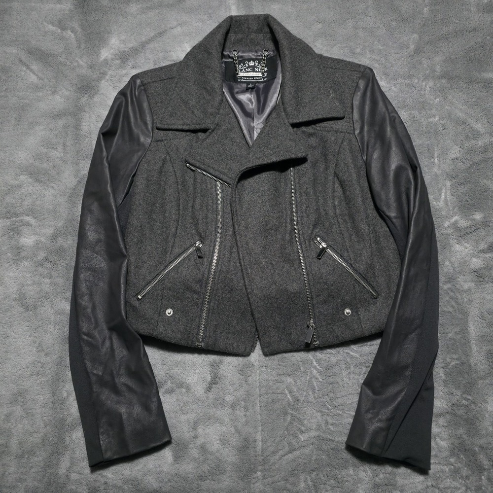 Blanc Noir Moto Jacket Wool Blend Women's Size Large Faux Leather Biker Coat